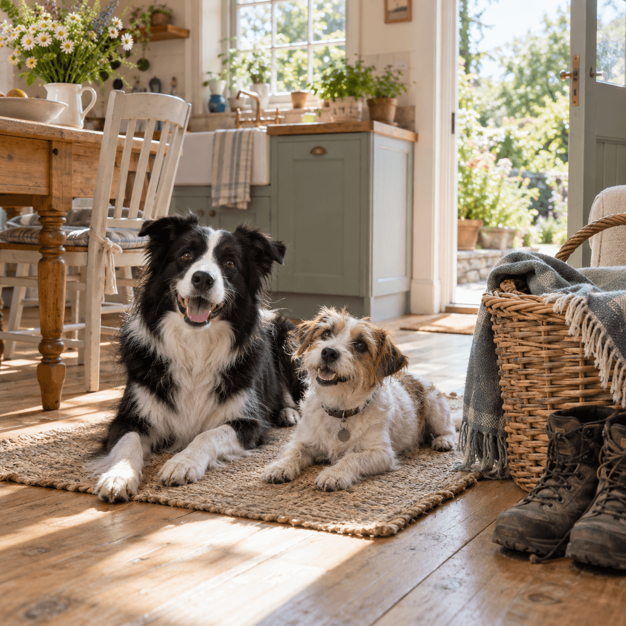 Two happy dogs relaxing together in a bright cottage kitchen