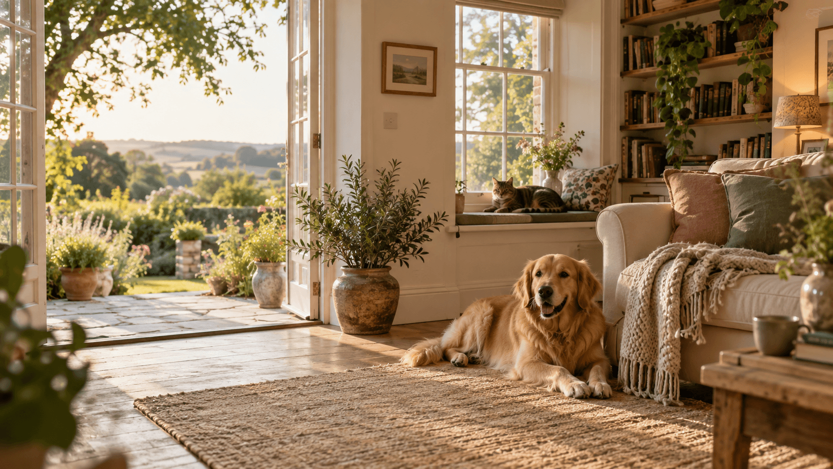 A happy golden retriever and cat relaxing in a sunny, welcoming home