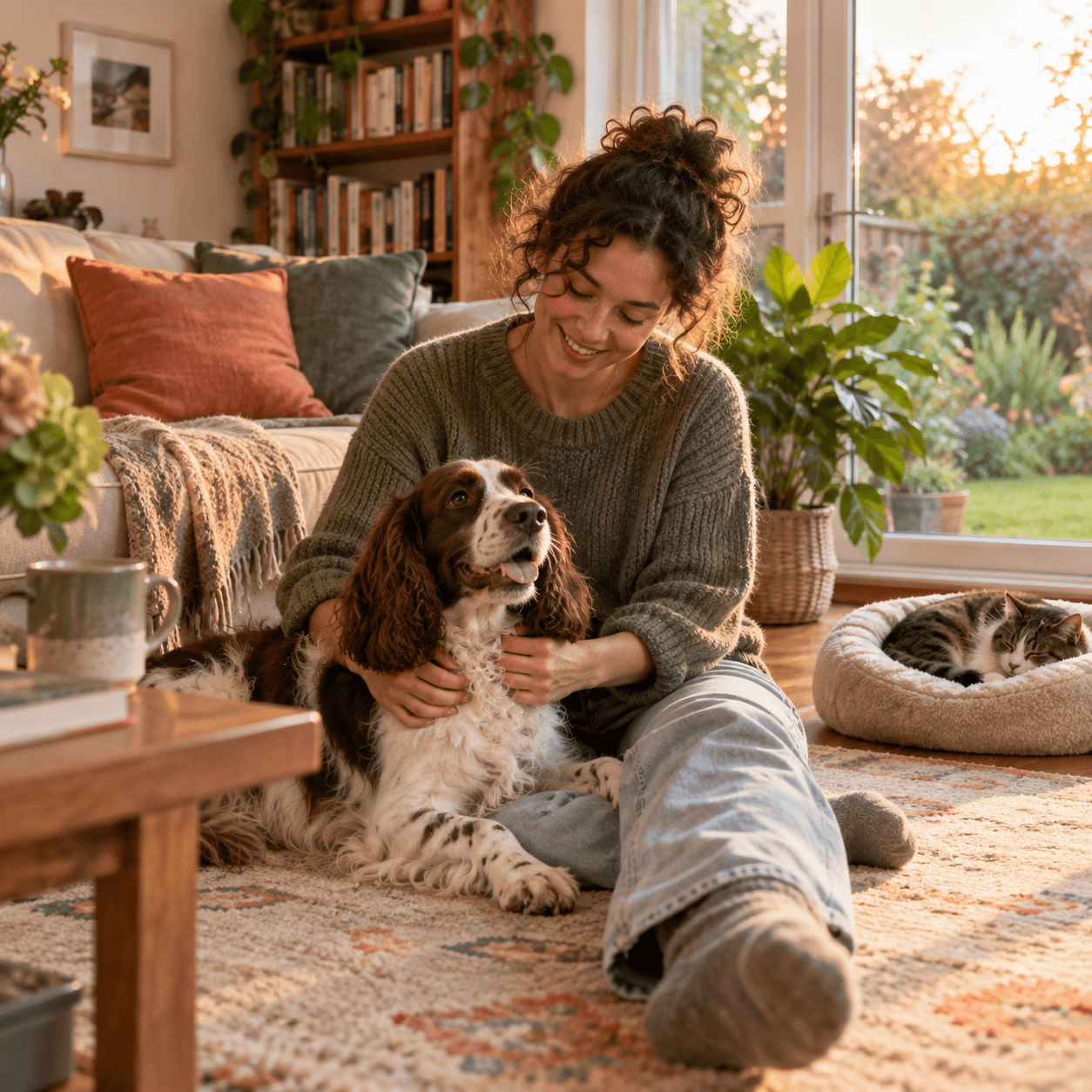 A house sitter cuddling a happy dog while a cat sleeps nearby